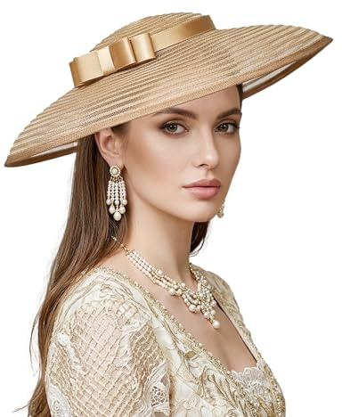 F FADVES Fascinator für Damen, elegant, breite Krempe, für Teepartys, Kirche, Hochzeit, Helles Braun, M/L