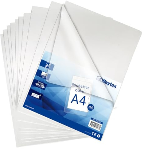 Waytex 931299 Pochette Coin Transparente A4 Lisses et épaisses 120 microns – Paquet de 50