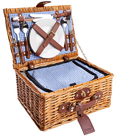 eGenuss Weidengeflecht Picknickkorb für 2 Personen mit Kühlfach & Zubehör – Picknick Set mit Besteck, Porzellanteller, Weingläser – für Camping, Hochzeit & Geschenkidee – BLAU