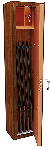Armadio Portafucili Armi Blindato Fuciliera In Acciaio Effetto Legno Con Cassetto Tesoretto Con Serratura E Chiave A Doppia Mappa Cassaforte Sicura Puebla Colore Marrone 148 x 34 x 28 Cm (5 Posti)