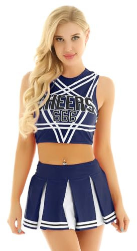 FEESHOW Damen Cheerleading Kostüm Sexy Cheerleading Rock Oberteil Pumpons High School Musical Outfit Karnevalskostüm Party Tanzkleidung Marineblau M