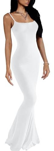 Viutil Bodycon maxiklänning, sexig, spagettiaxelband, ärmlös, åtsittande, långa klänningar, 2023, Vitt, L