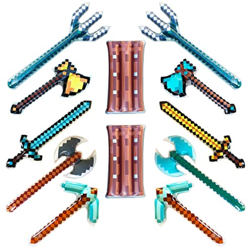 Inflatable Weapons - Pixel Diamond Swords, Pickaxes, Hatchets, Axes, Tridents, and Shields (2 of Each) - Blow up Pixel Party Favors - Gift Bags - Costumes - Pool Parties - 12-Pack