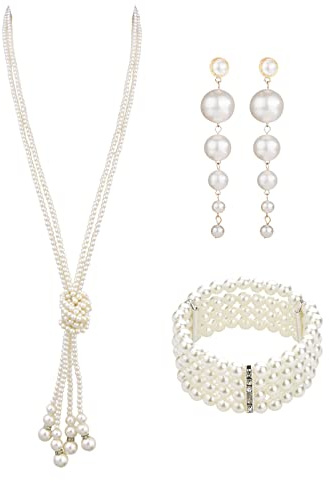 MIVAIUN 3-Piece Faux Pearl Set: Long Dangle Earrings, 4 Row Stretch Bracelet, 1920s Pearl Necklace - Perfect for 1920s Theme Parties, Weddings & Festivals