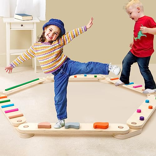 HOMCENT Set di trave di equilibrio in legno, corsa ad ostacoli Montessori per bambini dai 3 anni in su, carico massimo 40 kg, giocattolo da ginnastica per interni ed esterni, per ragazzi e ragazze