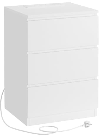 VASAGLE KAILYN Collection - Bedside Table with Power Strip, Side End Table with Drawers, 2 AC Outlets, 2 USB Ports, for Living Room, Bedroom, Study, Cloud White LET631W15
