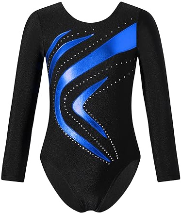 winying Flicka gymnastikdräkt glänsande gymnastik leotards långärmad balettbody ett stycke sport tröja jumpsuit gym danskläder, Kungsblå, 146-152