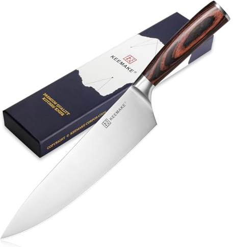 KEEMAKE Coltello da Cucina Professionale Chef 20cm, Coltelli Verdure Carne in Acciaio Inossidabile per Ristorante, Manico in Pakkawood