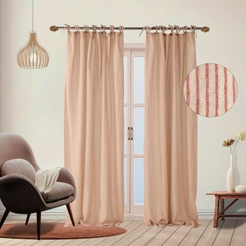 THE ART BOX Cortinas de gasa a rayas, cortinas bohemias de gasa de lino con lazo en la parte superior, cortinas para colgar en la puerta, ventana, 2 paneles para sala de estar, decoración del hogar,