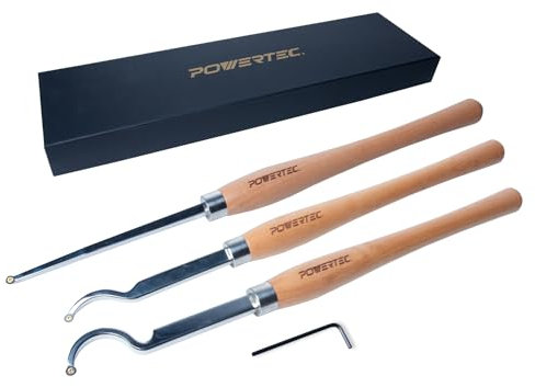 POWERTEC 71827 Carbide Tipped Woodturning Tool 3 Piece Set with Straight, Shallow Swan Neck & Deep Swan Neck for Deep Hollowing Work, Wood Lathe Chisel with Replaceable Tips