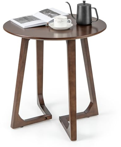 COSTWAY Round Side Table, Solid Rubber Wood Small Coffee Table Sofa End Tables, Accent Nightstand Bedside Snack Tea Table for Living Room and Bedroom, 60x60x61cm (Brown)