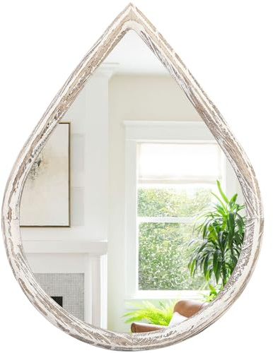 FEUFOAM Specchio da appendere alla parete con cornice in legno – rustico bianco goccioline di fattoria ovale piccolo specchio decorativo per bagno, soggiorno, ingresso, corridoio