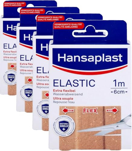 Hansaplast Elastic Pflaster 4er-Set (1 m x 6 cm), zuschneidbare Wundpflaster für Gelenke und viel bewegte Körperstellen, flexibles Verbandsmaterial mit extra starker Klebkraft