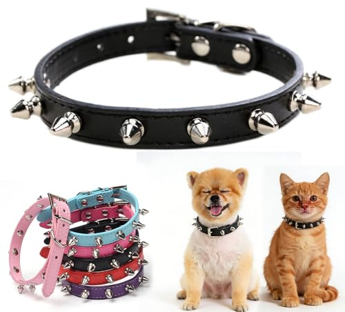 Spiked Dog Collar for Small Dogs, Mushrooms Rivet Soft Pu Leather Spike Stud Studded Cat Collar Adjustable for Mini Tiny Breed Pet Teacup Puppy Black S