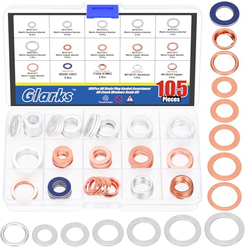 Glarks 105 pezzi 15 dimensioni Tappo di scarico olio automobilistico Kit guarnizione M10-M20 Alluminio Rame Acciaio Olio Crush Washer guarnizione