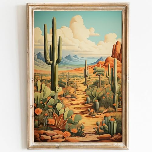 Taedfalesy Abstrakter Kaktus, Wandkunst, Wüstenlandschaft, Bilder im Südwesten, Leinwandkunst, Wüste, Berg, Wandkunst, Vintage-Kaktusdruck, Sonora-Casctus-Landschaftsmalerei für Zimmer, 40,6 x 61 cm