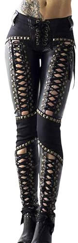 xxxiticat Women's Faux Leather Cross Pants High Waisted Rivet Lace Up Bandage PU Leather Patchwork Skinny Legging Pants(BL,L) Black