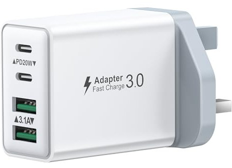 USB C Plug Fast Charge, 40W Multi USB Plug UK Fast Charger Plug 4-Port Dual Port 20W USBC Power Adapter+QC Wall Charger Head Type C Charging Plug for iPhone 16 15 14 13 12 11 Pro Max Plus,iPad,Samsung