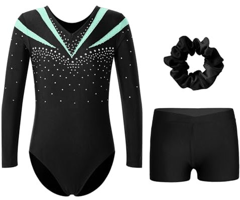 Miutii Mädchen Turnanzug Glitzer Gymnastikanzug mit kurze Hose Haarband Langarm Gymnastik Leotard Kinder Ballettanzug Turnen Trikot Tanzkostüm Hell Grün 134-140