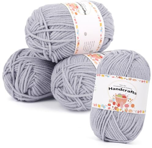 Aeelike 200g(4x50g) Wolle zum Häkeln Handstrickgarn, 5Ply Baumwolle zum Stricken Häkelgarn, Ultraweiches Acryl-Strickgarn Bunte, Acrylwolle Baumwollgarn für Häkeln und Kunsthandwerk, Hellblau Grau