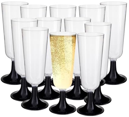 HOMESHOPA 12 Pack Plastic Champagne Flutes, Clear Wine Glasses Black Base, Unbreakable Reusable Cocktail Prosecco Glasses for Weddings Birthdays Christmas BBQ & Garden Parties