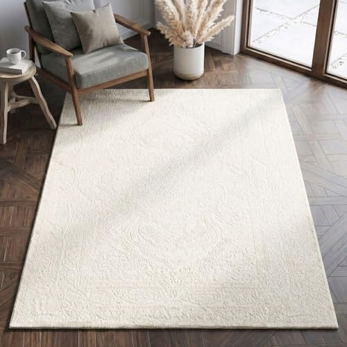 VIMODA Teppich Wohnzimmer Teppich Schlafzimmer, Flur, küche Kurzflor Orient Design Vintage Hoch-Tief-Effekt Modern 3D Weich,Farbe:Creme;Maße:200 x 290 cm