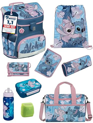 Familando - Scooli Campus Fit Schulranzen Set - 9-teilig mit Sporttasche - Disney Stitch - Ergonomisch, stabil & 980g leicht - 18L Volumen - Brustgurt & Reflektoren - ab 1. Klasse