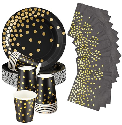 52P Black and Gold Foil Polka Dots Tableware for Him/Her,Black Gold Dot Plates Paper Cups and Napkins,Sparkling Golden Polka Dots Graduation Plates for Birthday,Wedding,Baby Shower Party Tableware