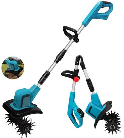 Motobineuse sans Fil, 21V Motobineuse Electrique, Pliable Machine à Moteur électrique de Largeur/Profondeur de Travail 20/15cm, Vitesse 330RPM Manche Ergonomique Culture Jardin (sans Batterie)