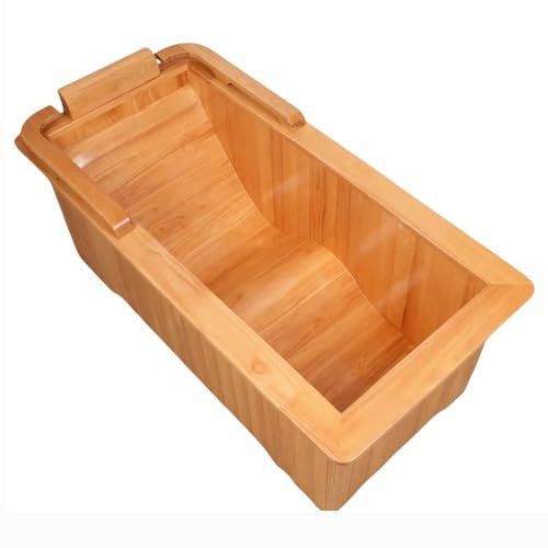 TT-YEC Baignoire Orientale Classique en Bois Massif, Baignoire Rectangulaire en Bois pour La Maison, Sauna Domestique avec Banc Extérieur, Panier De Rangement, Pelle À Eau,Curved Bottom 160cm