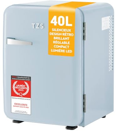 TZS First Austria - Mini Frigorífico Retro 40L silencioso - Pequeño Minifrigo diseño vintage con luz interior y 2 compartimentos de puerta - Minibar para camping, oficina, dormitorio y hotel - celeste