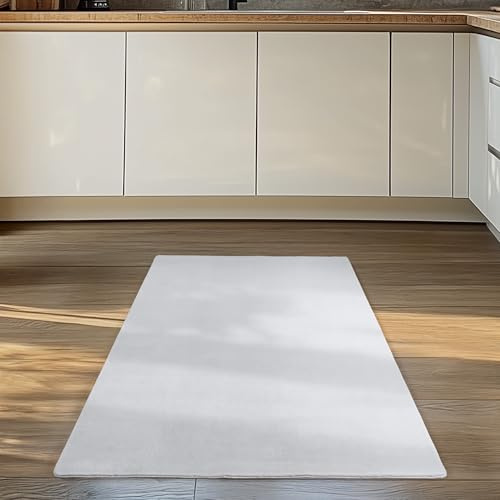 Carpettex Läufer Teppich Weiss 80x150 cm- Kurzflor Teppich Waschbar, weich & rutschfest, modernes einfarbiges Design für Schlafzimmer, Küche & Flur