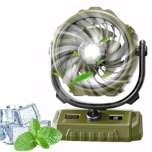 Marketero Desk Camping Fan with LED Lighting, 6000mAh Rechargeable Fan Portable with Hook, 270° & 300° adjustment, Powerful Battery Powered for Camping Outdoor Travel Tent - Green