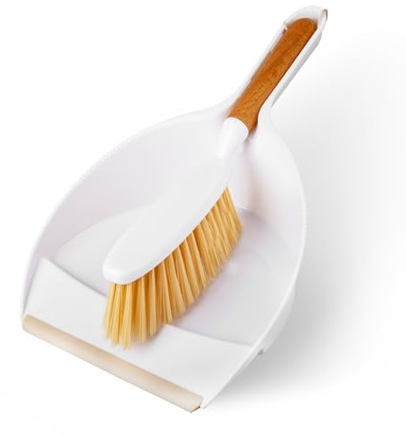Small Dust Pan and Brush Set, Mini Broom and Dustpan Set, Compact & Portable Cleaning Brush and Dustpan Combo for Home, Sweep Rubber Blade, Durable Bristles & Wood Handle, 14 x 8.7 inch