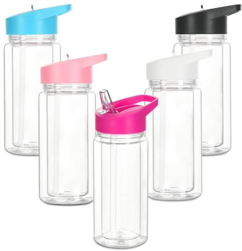 5 Pack 10 Oz Plastic Snow Globe Tumbler for Kids with Pre-Drilled Hole and Plug, Leak Proof Double Wall Snow Globe Sports Water Bottles with Portable Handle for Glitter DIY Gift, Mixed Color