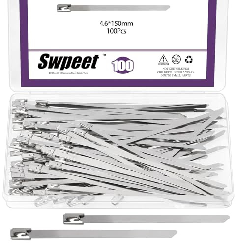 Swpeet Kit assortito di 100 fascette in acciaio inossidabile 304 da 150 mm/5,9 pollici, fascette metalliche multifunzione, fascette autobloccanti resistenti per macchinari, veicoli, aziende agricole