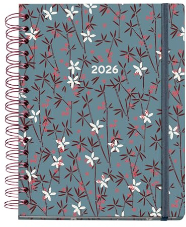 Miquelrius - Agenda 2026 semana vista, Similar A5+ (160 x 218 mm), Doble espiral, Cubierta cartón plastificado, Papel 100 g/m², Planificación semanal, 6 idiomas, Stickers, Diseño Arno Dufour, Bambú