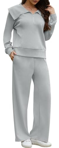 Yutdeng Ensemble 2 Pièces Femme Survêtement Sweatshirt à Manches Longues avec Demi-fermeture éclair et Pantalon à Jambes Larges avec Poches Vêtement Détente Décontracté Ensemble de Jogging,Gris,L