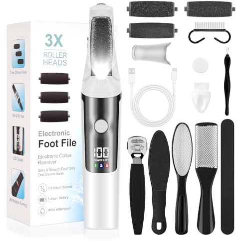 Tuocal Electric Foot File for Hard Skin, Professional Pedicure Sets for Feet, 3 Speeds & 3 Grinding Heads, Rechargeable Waterproof Callus Remover for Cracked Dry Dead Skin/Feet Care
