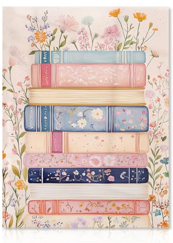Dazzlewall Arte de Pared en Lienzo Rosa Vintage, Impresión de Arte de Pila de Libros Florales Retro Habitación de Niñas Dormitorio Decoración de Pared para Dormitorio Sala de Estar, 30x40 cm Sin Marco