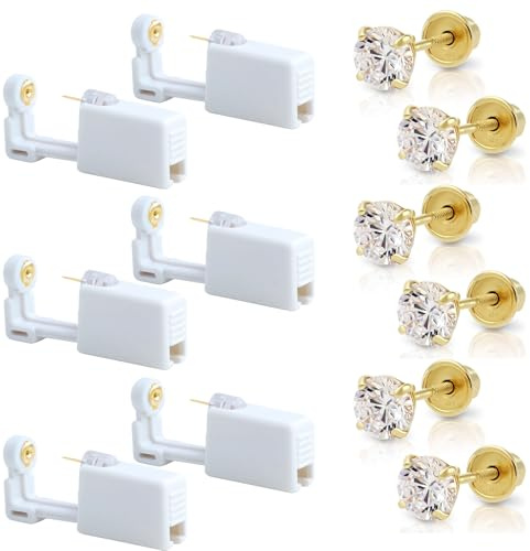 6pcs Disposable Ear Piercing Kit, Nose Piercing kit, 3/4/5mm Ear Piercing Gun Kit with Ear Studs, No Pain Safety Ear Piercing Gun Kit Tool for First Time Users or Professionals Alike (Gold)