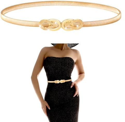 LXUEJIE Gürtel Gold Damen, Slim Cinch für Kleid & Taille | Verstellbarer Schmaler Taillengürtel Damen Elastisch , Goldener Stretch Gürtel Aus Eisenlegierung, 70 cm X 2,5 cm