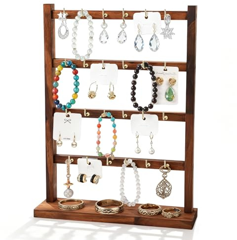 MHYMX Ohrringständer, Schmuckständer Holz 4 Tier Ohrring Halter mit 24 Haken Schmuck Ständer für Ohrringe Ketten Armbänder Schlüsselanhänger