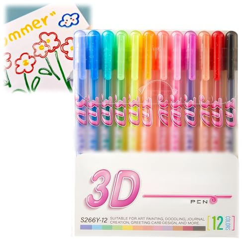 DISRIC 12Pcs 3D Pen,Gel Pens,Colouring Pens for Adults,3D Pen Set,Gel Ink Markers for Drawing Crafts Scrapbooks Journaling Card Making Photo Album,Coloured Writing Markers,Art Supplies Crafts Gifts