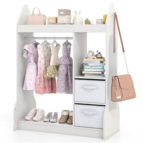 DREAMADE Kinderkleiderschrank mit Spiegel & Kleiderstange, Kindergarderobe mit 3 Regalen & 2 Faltbare Stoffboxen, Kleiderständer für Kleidung & Spielzeug für Kinderzimmer, 81 x 38 x 107 cm (Weiß)