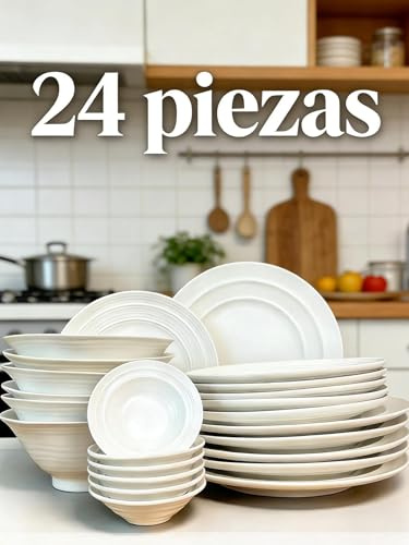 Vajilla Completo 24 Piezas - Amarillo Crema - Servicio para 6 Personas - Incluye Platos Llanos, Bowls de Pasta y Salseros - Ceramica