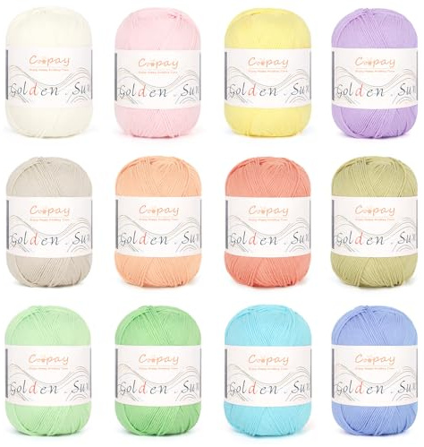 Coopay 12×45g 100% Cotton Yarn for Crochet, Soft Cotton Yarn for Crocheting & Knitting, Multicolour 8ply Cotton DK Yarn, Pastel Double Knitting Cotton Yarn for Clothes, Blankets, Bags, Socks(Color A)