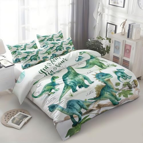 XCQHZYQ Copripiumino Singolo Bambino Pittura Ad Acquerello Dinosauro Biancheria da letto Completo letto Verde Reversibile Set Copripiumino 2 Pezzi, Copripiumino 150x200 cm e 1 Federa 50x80 cm
