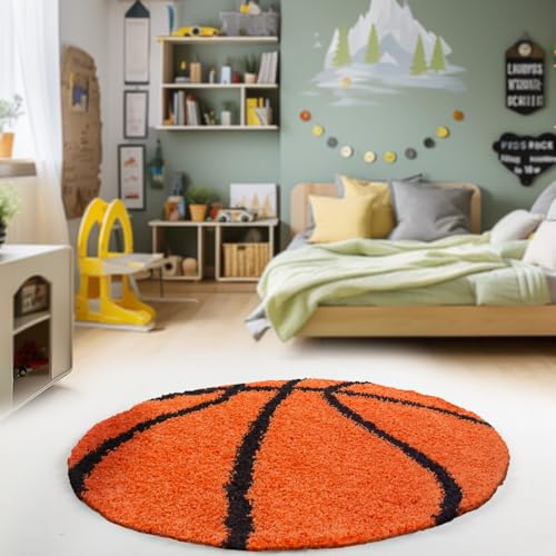 HomebyHome Kinderteppich Rund 120 cm Orange Schwarz Weicher Hochflor Spielteppich mit Basketball Motiv Pflegeleicht & rutschfest Ideal für Jungenzimmer & Mädchenzimmer im Jugendstil