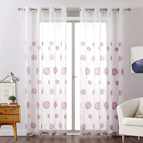 MIULEE Vorhänge Florale Stickerei Rosa, Gardinen Weiß 2er Set 140x225cm | Transparent Voile Blumen Muster Vorhänge Durchsichtig mit Ösen, Leichte Dekorative Gardinen für Wohnzimmer Schlafzimmer